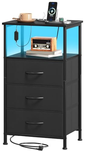 Somdot Black Nightstand with Charging Station and LED Light for Bedroom, Tall 3 Drawers Dresser with Fabric Bins for Bedside Kids Dorm Room Closet Laundry Entryway, Black