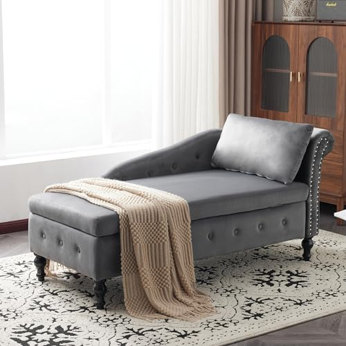 Velvet Chaise Lounge Sofa with Storage, Upholstered Lounge Chair with Pillow, Modern Button-Tufted & Nailhead Trim Chaise Lounges, Indoor Right Armrest Couch for Living Room, Bedroom, Office (Grey)