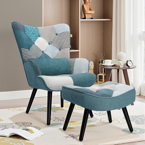 HomeMiYN Patchwork Chair,Accent Armchair with Ottoman Single Sofa with Footstool and Pillow,Fabric Upholstered High Back Armchairs Lounge Chair for Living Room Reading Bedroom Sky-blue