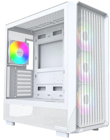 Montech X5- ATX Mid-Tower Gaming PC Case, High Airflow, 3X 140mm and 1x 120mm ARGB Fans Pre-Installed, Glass Side Panel, Carbon Print Accents, GPU Holder Included, White