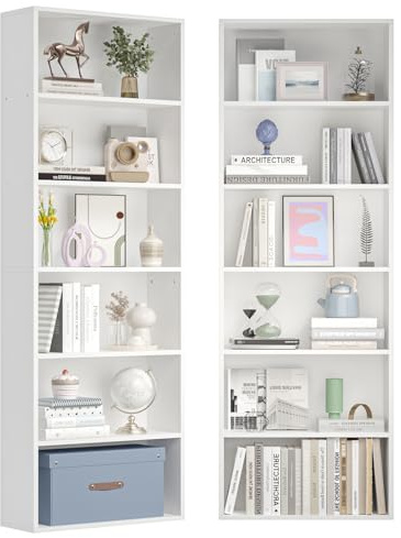 Nordivale Regal Weiß 20 cm Tief, 6-Ebenen Bücherregal, Standregal, Offenes Regal Holz, Würfelregal, Gücherschrank, Bookshelf für Wohnzimmer, Schlafzimmer, Büro, Arbeitszimmer, 2 Pack