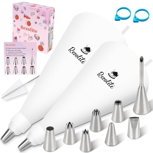 Rezolite Manga pastelera – manga pastelera con boquillas, juego de 15 boquillas con 2 mangas pasteleras reutilizables (30 cm + 35 cm) y 8 boquillas de acero inoxidable, accesorios para tartas y