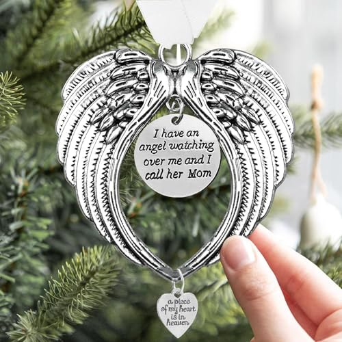 Ornements de Noël commémoratifs en forme d'ailes d'ange « I Have a Angel Watching Over Me I Call » - A Piece of My Heart Is in Heaven - Décoration à suspendre pour sapin de Noël (maman)