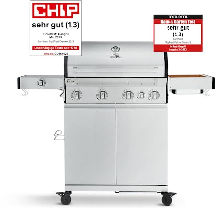 BURNHARD Big FRED Deluxe Gasgrill, 4 Brenner, Infrarot-Keramik, Edelstahl, Seitenkochfeld, Smoker Box, Grillabdeckung, Gusseisen-Roste inkl. Grillspachtel und Grillschaber