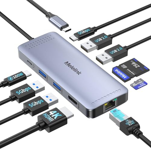 USB C Hub Multiport Adapter, Melelink 10 IN 1 USBC Hub Ethernet Docking Station 4K HDMI, USB-C, 100W PD, 4 USB Ports, SD/TF, Lan RJ45, Type C Dock for Macbook, Dell, HP, Lenovo More Laptop Dock