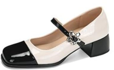 Escarpins Femme Rétro Bout Carré Bi-Couleur Simili Cuir Mary Jane Fleur Boucle Bride Confortables Talons Bas Décontractés Robe Soirée Bureau,Blanc,38 EU