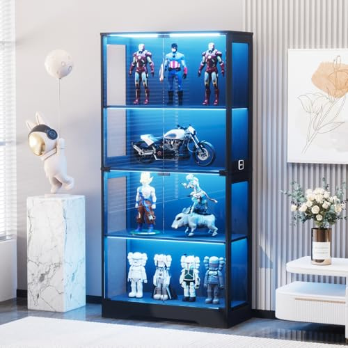 Vitrina de cristal con LED, vitrina de pie con 4 puertas de cristal y sensores inteligentes, armario de vitrina de cristal a prueba de polvo para salón (negro, 4 pisos, 4 puertas + LED)