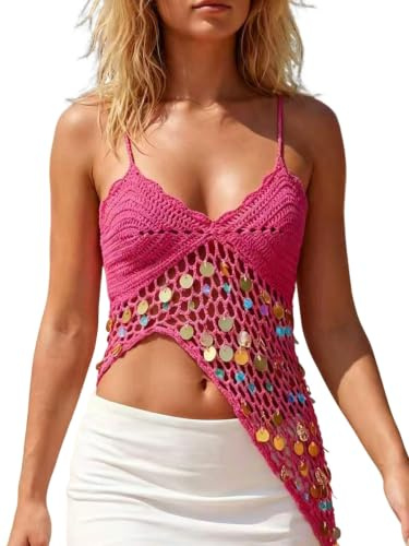 NONDK Top de Tirantes de Espagueti con Nudo, de Ganchillo y Lentejuelas para Mujer Rojo Rosa M