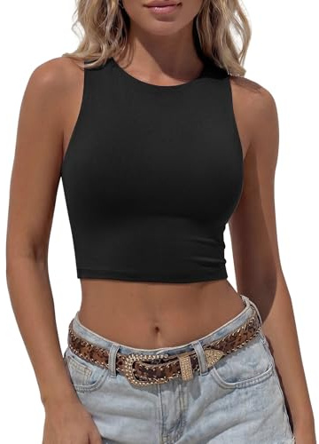 REORIA Women's Cute Sleeveless Racerback Crop Tank Tops Summer Teen Girls Sexy Double Lined Halter Neck High Neck Workout Cropped Tops Black Large