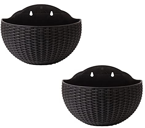 RTWAY Lot de 2 pots de fleurs à suspendre, imitation rotin, style européen, demi-rond, pour clôture, porche, jardin, balcon