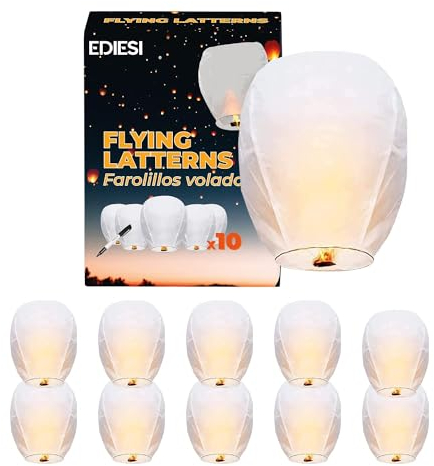Ediesi, Lanterne Volante, 10 Unités, 100% Biodegradable, Lampion Papier, Chinoise, Sky Lanterns, avec un Feutre pour Écrire les Souhaits, Blanc