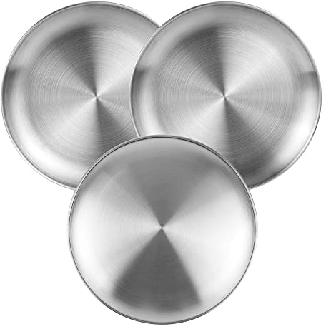 JSMTKJ 3 Piezas Platos Redondos de Acero Inoxidable para Camping, Barbacoa, Pasteles - Bandeja de Metal, Plato de Carne, Fácil de Limpiar para Hogar y Picnic