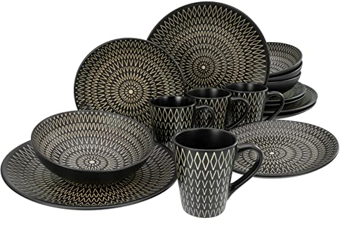 CreaTable, 33073, Serie Crafted Black, 16-teiliges Geschirrset, Kombiservice aus Steinzeug, spülmaschinen- und mikrowellengeeignet, Qualitätsproduktion
