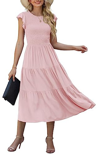 GRECERELLE Womens Summer Maxi Dress - Casual Midi Smocked Ruffle Sleeve Elastic Waist Crew Neck Tiered Cocktail Long Dresses for Ladies (Pink, XL)