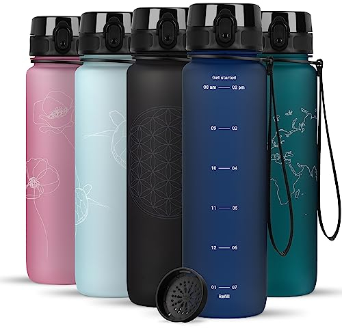720°DGREE Trinkflasche 1l mit Motivationsskala “uberBottle“ +Sieb - Dicht, Leicht, BPA-Frei, Bruchsicher - Wasserflasche für Uni, Sport, Fitness, Fahrrad, Outdoor - Tritan Sportflasche - Blau