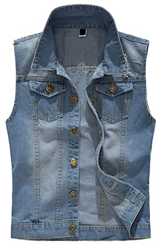 Kelmon Chaleco de mezclilla para hombre, estilo vintage, casual, para motociclista, chaqueta sin mangas, #206 Azul claro, XXL