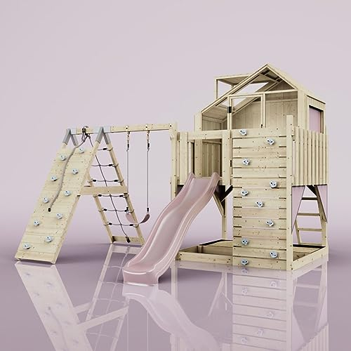 Rebo Outdoor Spielturm mit Wellenrutsche, Spielhaus aus Holz mit Kletterwand, Kletternetz,Altrosa