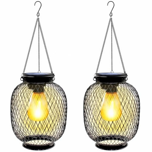 Solarlampen für Außen, 2 Stück Solar Laternen mit LED-Glühbirne, 1000mAh Akku, IP65 Wasserdicht Metall Hängend Solarleuchten Solar Gartenleuchten für Garten Deko Hinterhöfe Balkon