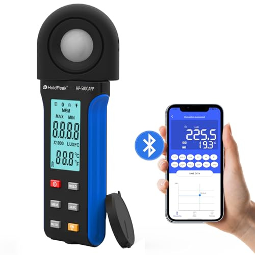 HoldPeak Illuminance Light Meter with Bluetooth, Digital Lux Foot Candles Meter 0.1~400,000 Lux with 270º Rotating Sensor, Lumen Meter Luxmeter for Plants, Car Headlights, Home & Office LEDs
