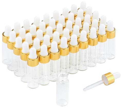 50 Pack mini flacons compte gouttes vides en verre avec bouchons dorés,flacons d'échantillons de parfum pour huiles essentielles, huiles corporelles et liquides (5ml)