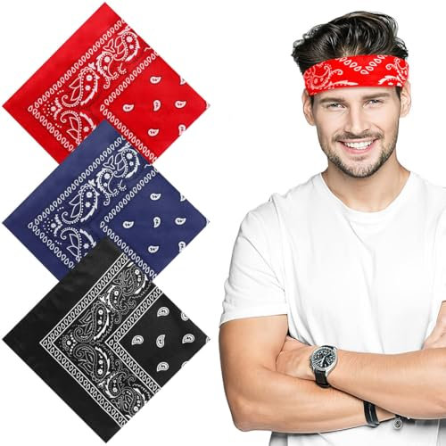 3 Pcs Halstuch Herren Damen, Nickitücher Kopftuch Stirnband Männer, Unisex Bandana Tuch, Headwear Haar Schal Paisley Muster (55 x 55 cm, Rot Schwarz Blau)