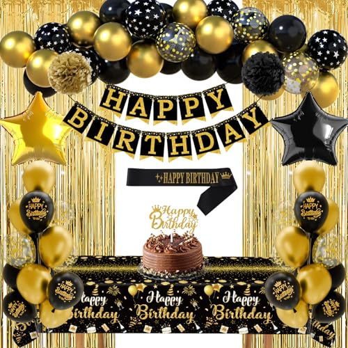 Decoration Anniversaire Noir et Or Ballons Anniversaire Kit, Banderole Happy Birthday, Rideau Doré, Nappe Noir et Or, Écharpe, Pompons, Gateau Decoration Table, Happy Birthday Party Homme Femme