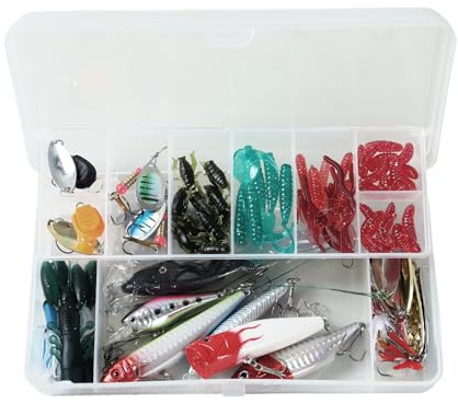 120 PCS Fishing Lures Set Mixed with Tackle Box, Including Spinners,Treble Hooks,Single Hooks,Swivels,Pliers,Soft Lures, Fishing Bait, Plastic Worms, Fishing Accessories
