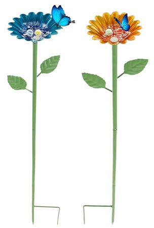 2 Pack Garden Bee Watering Station with Adjustable Iron Stakes Metal Bee Feeder Cups with Glass Marble and Flower Design Practical Bird Watering Station Vibrant Garden Decor for Outdoor Garden Yard