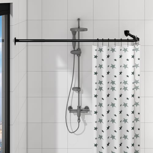 Duschvorhangstange L Form, Verstellbare Duschstange Ecke, Duschvorhang Halterung mit 12 ringen & Deckenstütze für Badewanne/Badezimmer, Bohr-Montage Erforderlich (Schwarz, 60-130cm x 60-130cm)