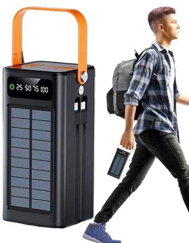 Portable Solar Charger, 120W Fast Charging Battery Pack with 160000mAh Capacity, 4 Outputs & 3 Inputs with Built-in Cables and Light, Survival PowerBank for Outdoor Travel Use, Black