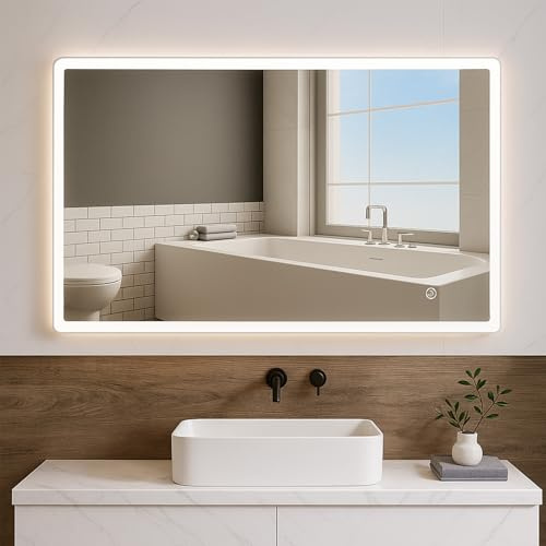 AllRight Badspiegel mit Beleuchtung 70x50cm | LED Spiegel | IP54 Wassergeschützt | Touch-Steuerung | Wandspiegel für Badezimmer | Horizontale/Vertikale Montage 6500K Kaltweiß(70x50cm Einfarbig)