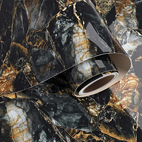 VaryPaper glansig svart guld marmortapet 60 cm x 1200 cm marmormorseffekt självhäftande vinyl kontaktpapper för möbler kök vinylfolie för bänkskiva badrum tapeter vattentät hyllfoder