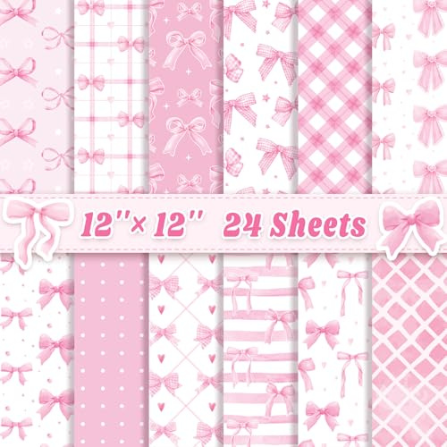 Lilbitty 24 Hojas de Papel para Scrapbook Rosa Lazos 30×30 cm, Papel Decorativo a Cuadros y Lazos Impreso en Ambos Lados, cartulina Decorativa para Manualidades y álbumes de Recortes DIY