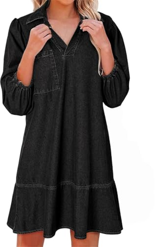 V-ringad puffärm denim lager klänning, 3/4-ärm volang denimklänningar v-hals jeansklänning för kvinnor, Svart, XS