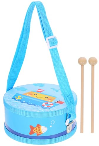 BCOATH Tambour à Main en Bois Double Face Bleu Motif Bateau Baguette Instrument de Percussion Éducatif pour Garçon et Filles Musical Préscolaire pour Apprentissage et Éveil Sonore