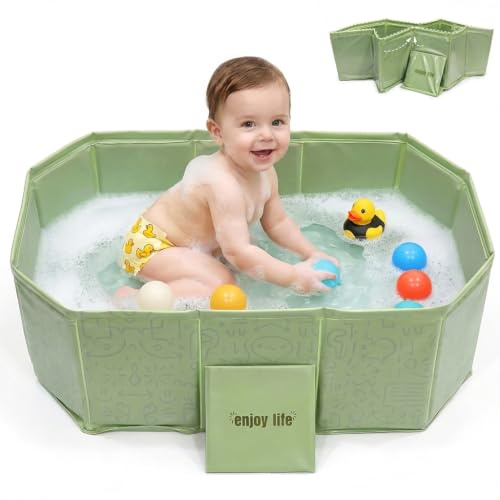 Bañera plegable para bebé, 75 cm, portátil, para recién nacidos y niños pequeños, antideslizante, ahorra espacio, bañera plegable con tapón de drenaje, sin BPA, verde menta