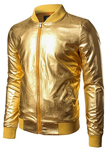 JOGAL Men's 70s Disco Metallic Party Costume Varsity Bomber Jacket | Gold, Silver, Shiny 70s/80s Disco Jacket, Theme Party, Halloween, Cosplay, Nightclub, Hip Hop, DJ, Performance