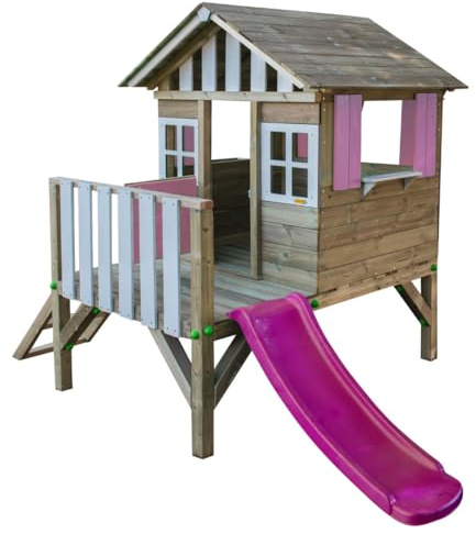 Masgames - Casetta per bambini in legno rialzato Lollipop, con scivolo abbinato, altezza piattaforma 59,5 cm, legno trattato