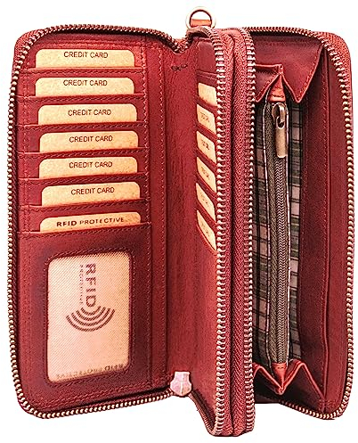Benthill Geldbörse Groß Leder | Grosses Portemmonnaie mit RFID Schutz | Hochwertiges Rindsleder Portmonee Gross mit vielen Kartenfächern inkl. Geschenkbox, Farbe:Rot