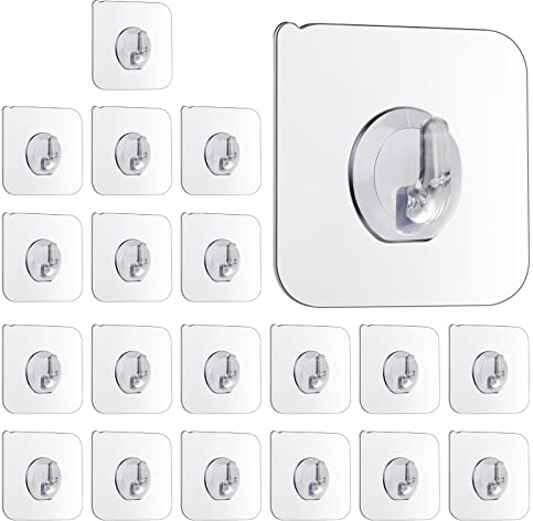 HXC 20PCS Self Adhesive Hooks Transparent Stick on Hooks Bathroom Wall Hooks Heavy Duty Invisible Sticky Back Plastic Hooks for Towels, Clothes, Keys