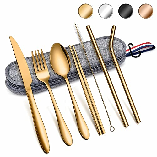 Herogo Travel Cutlery Set, 8 Pcs Portable Utensils Set with Pouch Case, Reusable Stainless Steel Knife Fork Spoon Chopsticks Straws for Camping Picnic Lunch, Mirror Finish & Dishwasher Safe (Gold)