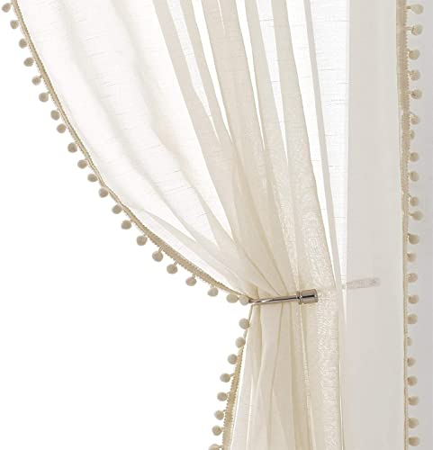 Treatmentex Cortinas Salón Modernas 2 Piezas con Pompones, Diseño para Filtrar Luz, Cortinas Translucidas Elegantes para Dormitorio, 140x245 cm, Beige