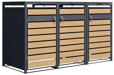 Axi Lucas Cache Poubelle Métallique Anthracite/Aspect Bois - Abri Poubelle pour 3 Conteneurs - Max. 240L - Abri Poubelle Extérieur avec Excellente Ventilation