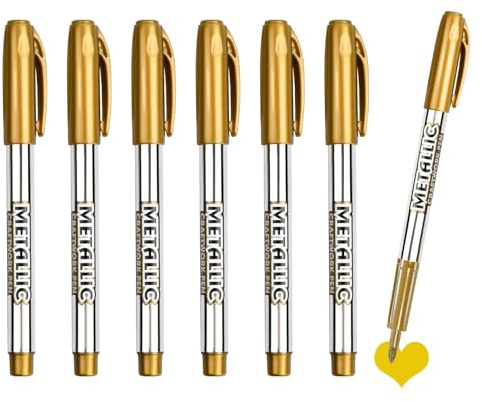 6 Pennarello Oro Punta Fine 1.5 mm, Pennarelli per Arte, Scrapbooking, Decorazioni, Personalizzazione di Carta, Metallo, Ceramica, Vetro e Legno, Marcatori Indelebili per Progetti Creativi e Fai-da-te
