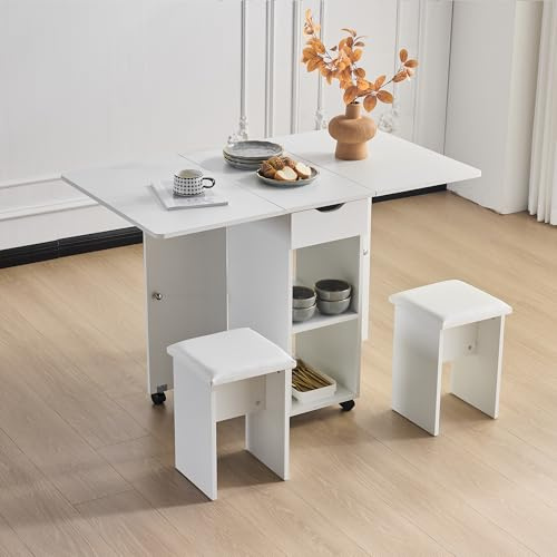 EROMMY Space-Saving Dining Set,Foldable Drop-Leaf Table with 2 PU Leather Chairs,Storage Shelves&Drawers & 4 Lockable Wheels for Compact Kitchens