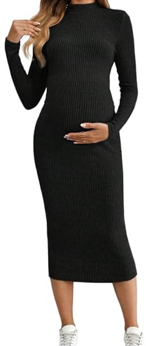 GORGLITTER Figurbetonad mammaklänning dam elegant stickad klänning ståkrage långärmad klänning midi fritidsklänning höst outfit klänningar för gravida kvinnor, svart, L