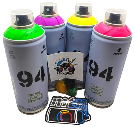 Montana Colors MTN 94 Peinture en spray fluorescent, 4 couleurs (violet, fuchsia, jaune, vert), 400 ml chacune, avec 3 buses de rechange