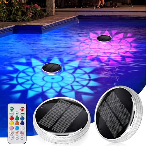 2 luces Luces Solares Subacuáticas para Ppiscina con Control Remoto, Paquete de Flotantes para Piscina 12 Modos de Color, Temporizador, Luces Flotantes para Piscina, Bañera, Acuario, Jardín