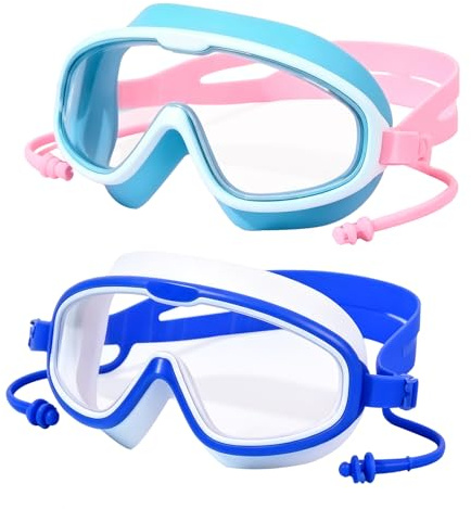 sunVigorous Lunettes de natation pour adultes, grand cadre HD anti-buée, lunettes de plongée avec bouchons d'oreilles et boîte de rangement, réglage rapide, joint en silicone