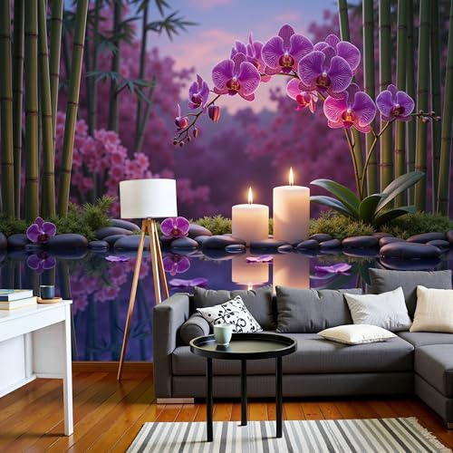 Vela Orquídea Phalaenopsis Bosque Bambú Papel Pintado Fotomurales Para, Curación Natural Papel Tapiz Pintado En Tejido de seda - Pared Moderna, Rosa Púrpura Murales Decorativos - 200 x 140 cm